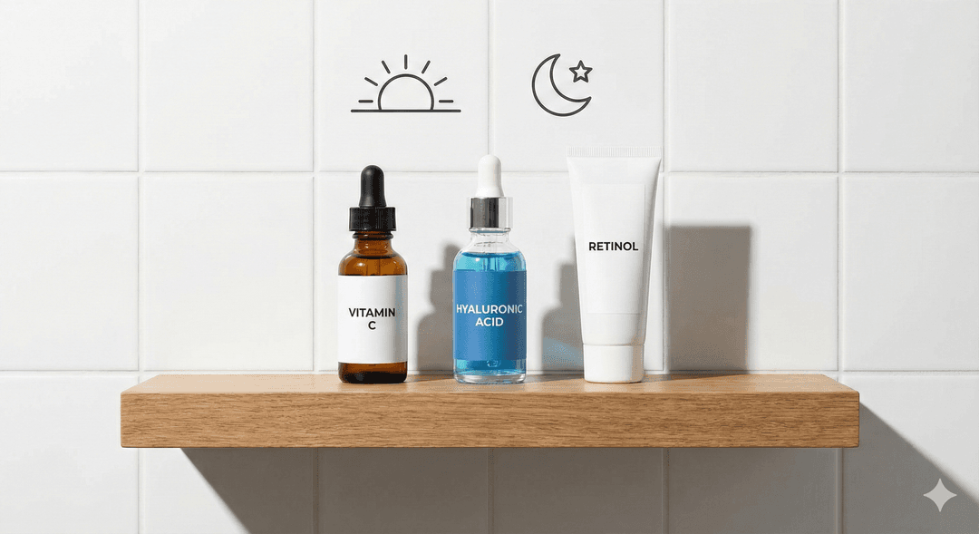 A skincare layering guide showing Vitamin C and Hyaluronic Acid for the morning routine, and Hyaluronic Acid and Retinol for the night routine.