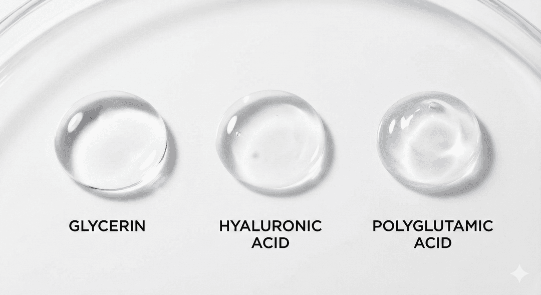 A texture comparison of three skincare hydrators: Glycerin (watery), Hyaluronic Acid (viscous), and Polyglutamic Acid (glossy gel).