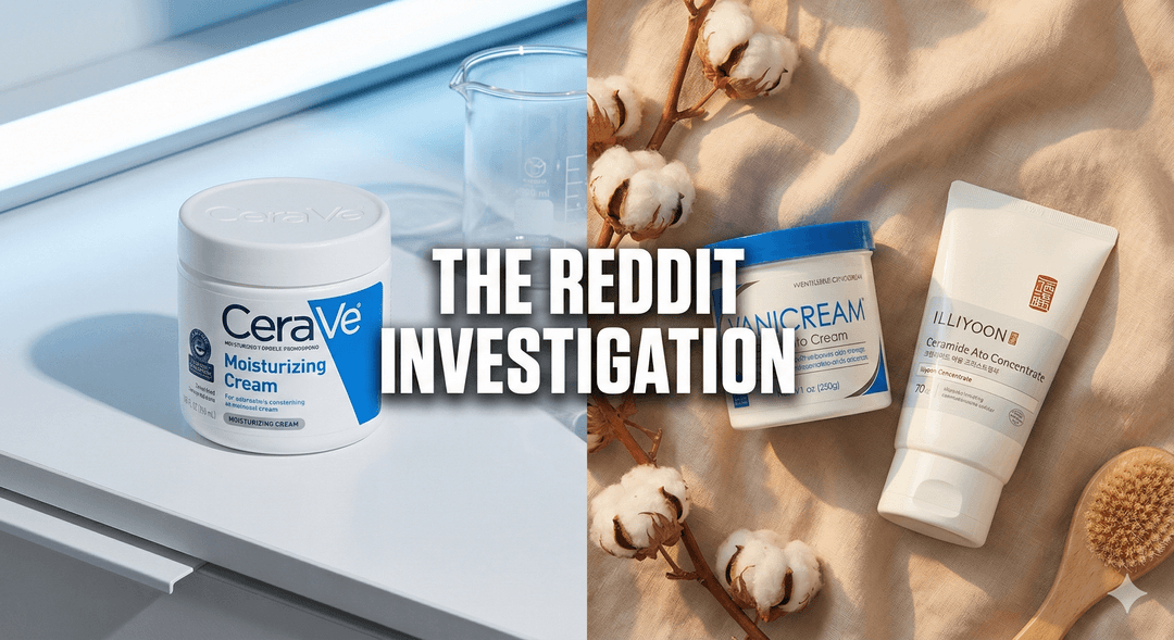 Split screen comparison showing CeraVe Moisturizing cream in harsh lighting versus Vanicream and Illiyoon moisturizer in soft lighting, representing the choice between irritation and soothing options.