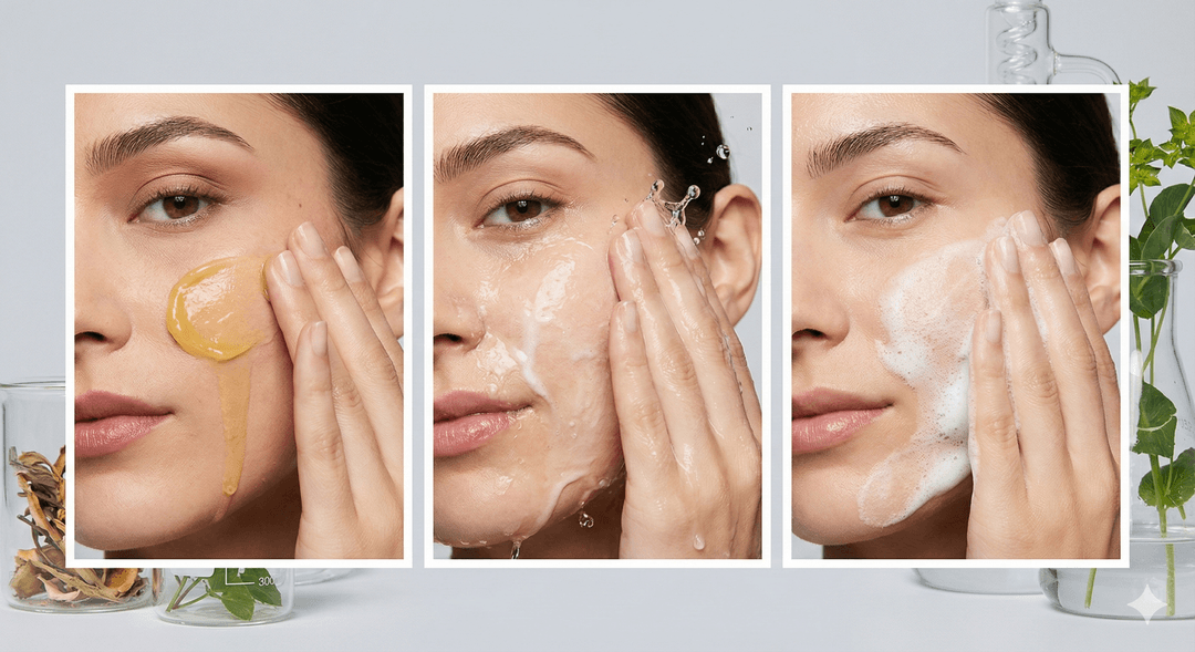 Three pictures in panel format: Panel 1: A balm cleanser melting into oil on dry skin, dissolving makeup. Panel 2: The oil turning milky white with water contact. Panel 3: A gentle, water-based foam being massaged onto clean skin