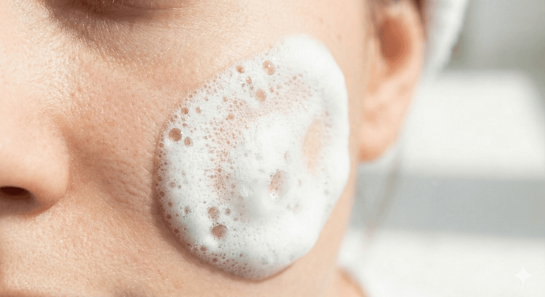 Close up of foaming cleanser texture on skin