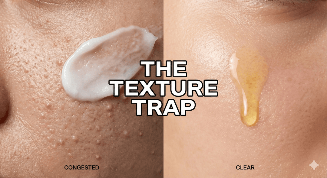 Comparison of clogged pores caused by heavy waxy moisturizers versus clear skin using lightweight barrier support