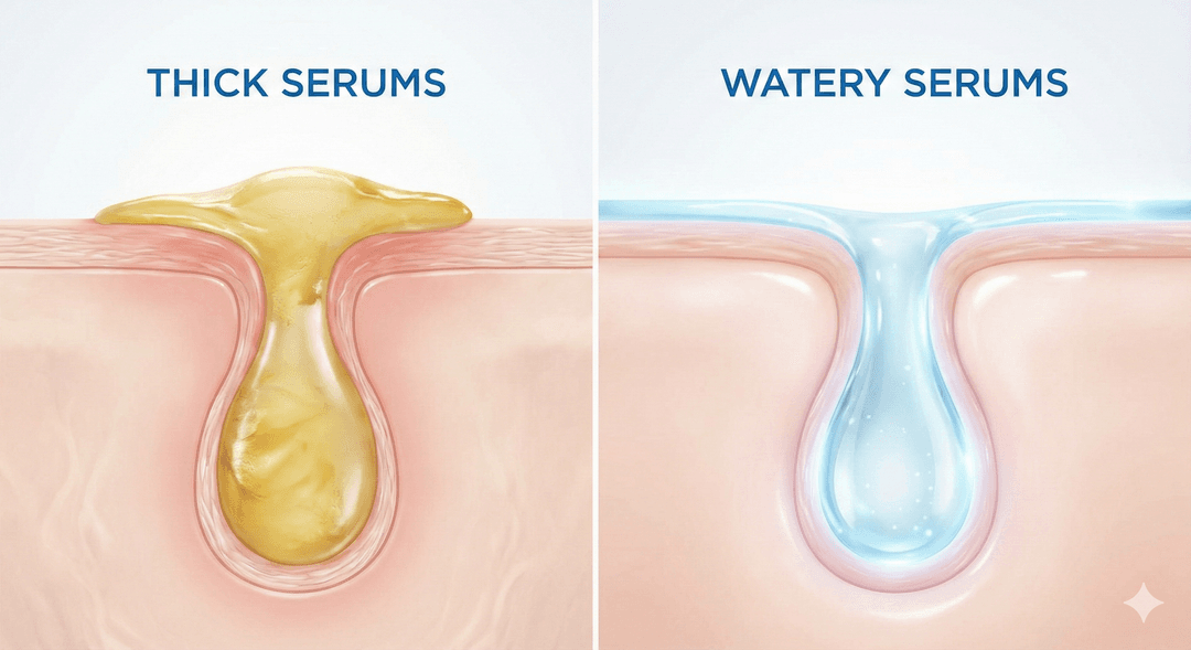 A diagram showing the difference between thick serums that clog pores versus lightweight, watery hyaluronic acid serums that absorb cleanly.