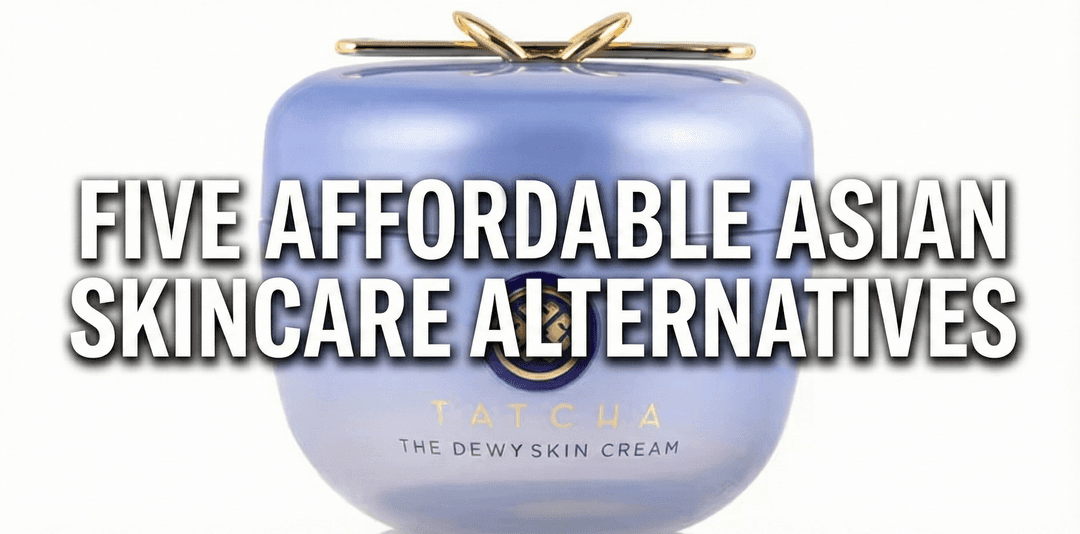 Five affordable Asian skincare alternatives to Tatcha Dewy Skin Cream arranged on a marble surface with rice grains and water droplets.