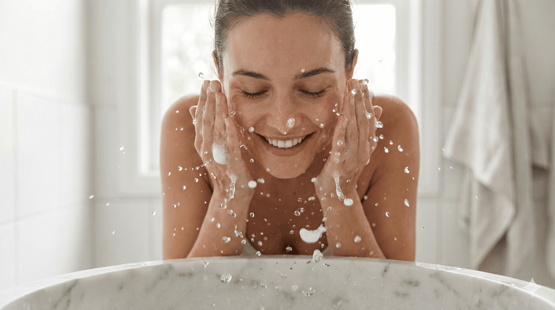 A close-up of clear water splashing onto a face with gentle white foam